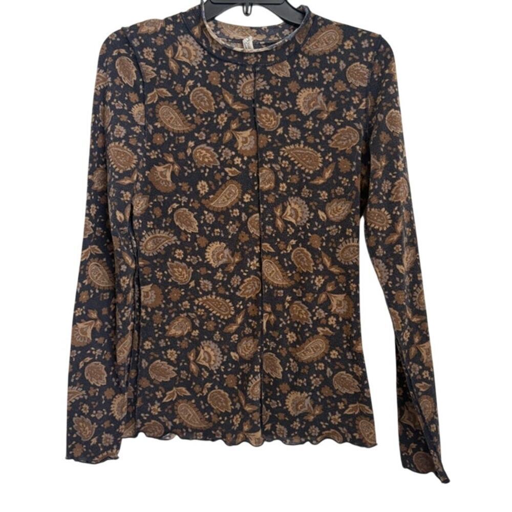 Free People Black and Brown Paisley Mock Neck Long Sleeve Size Medium